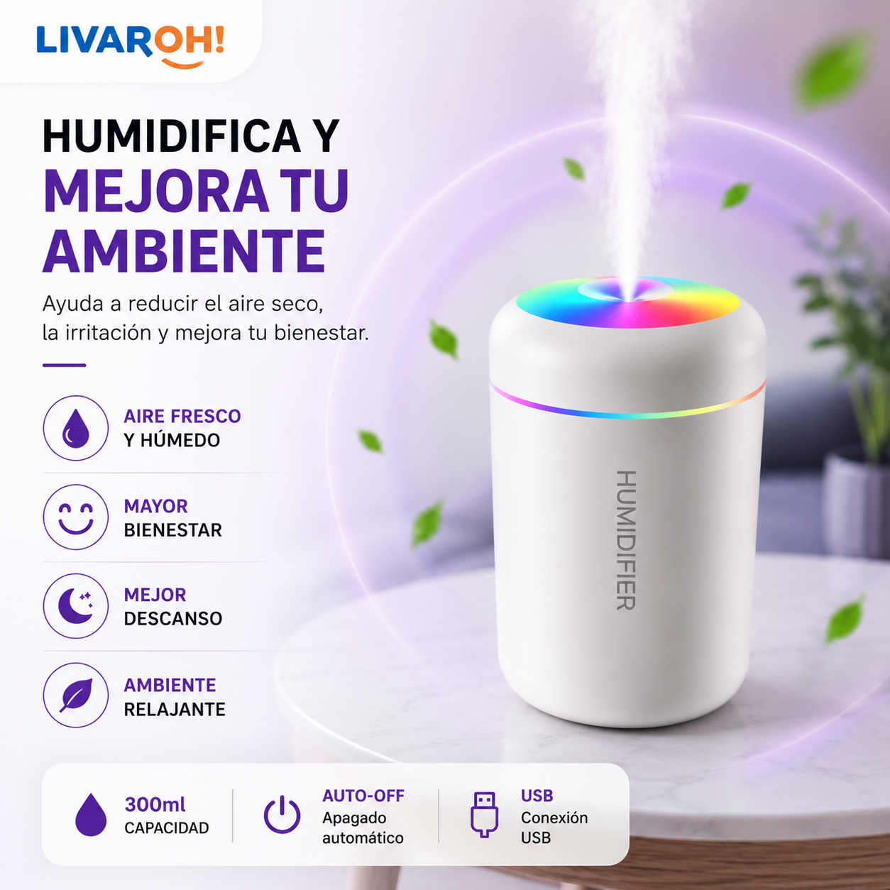 Difusor Aromático Humidificador USB Portátil Auto Luz LED Blanco