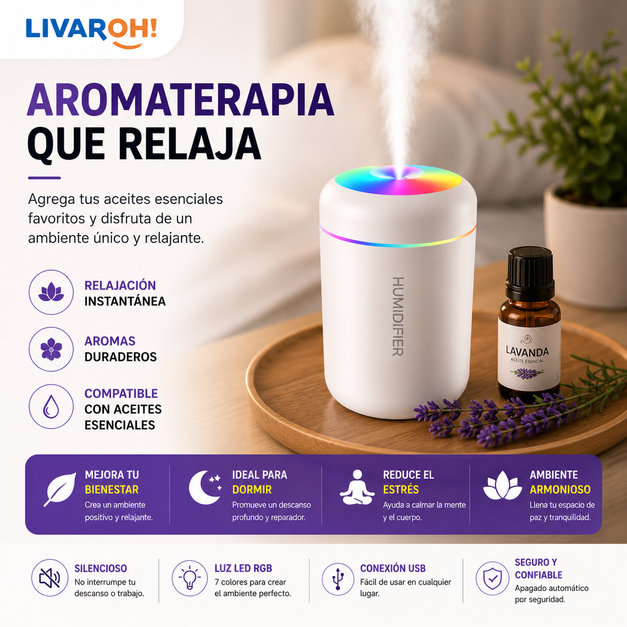 Difusor Aromático Humidificador USB Portátil Auto Luz LED Blanco
