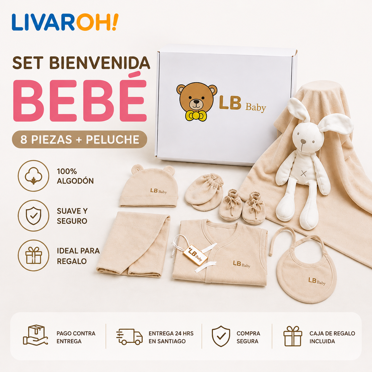 Set Bienvenida Bebé 8 Piezas + Peluche | 100% Algodón