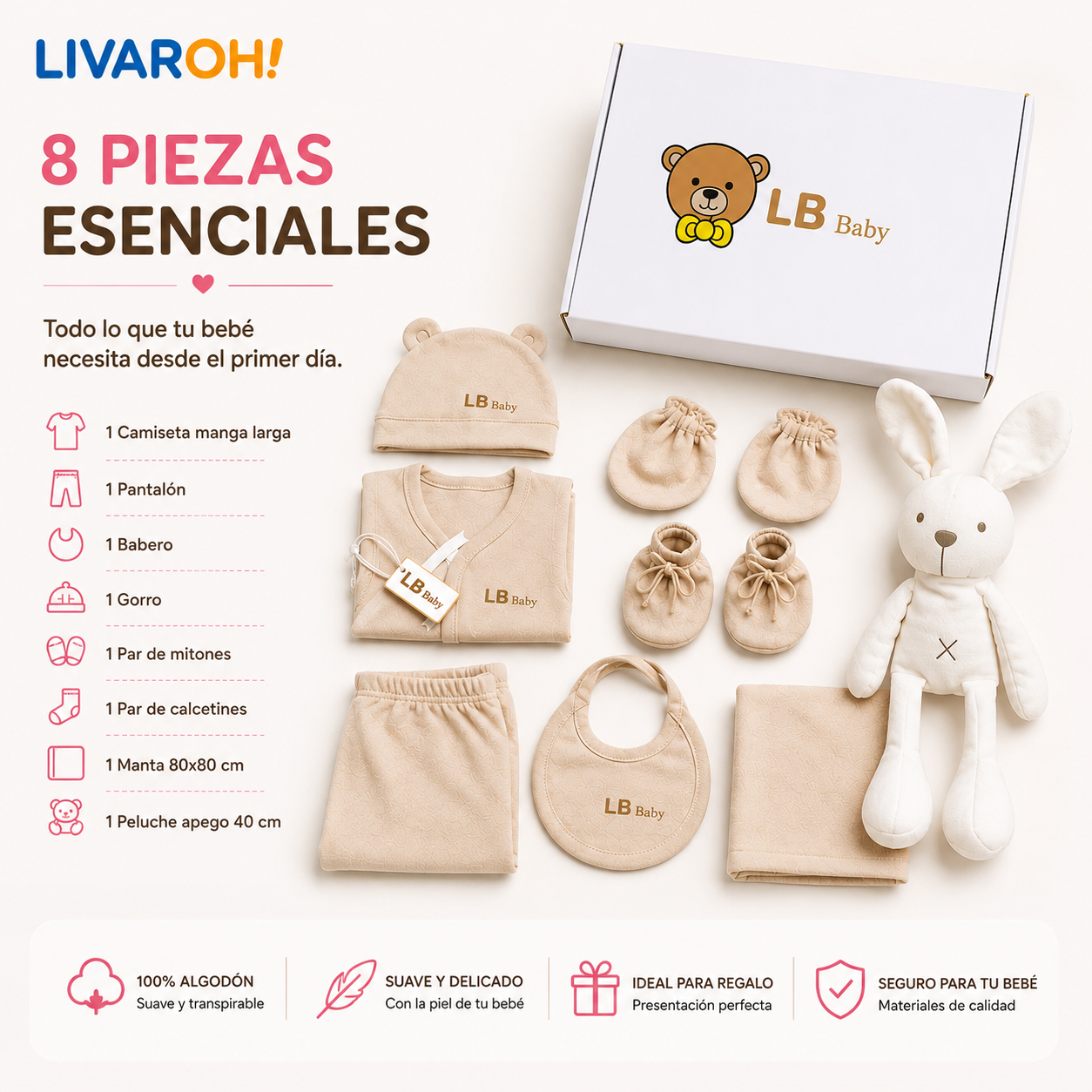 Set Bienvenida Bebé 8 Piezas + Peluche | 100% Algodón