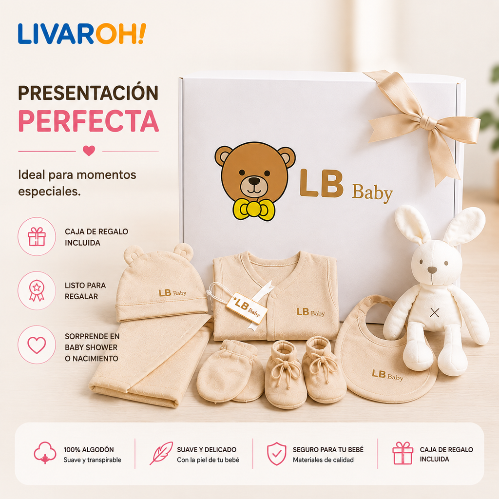Set Bienvenida Bebé 8 Piezas + Peluche | 100% Algodón