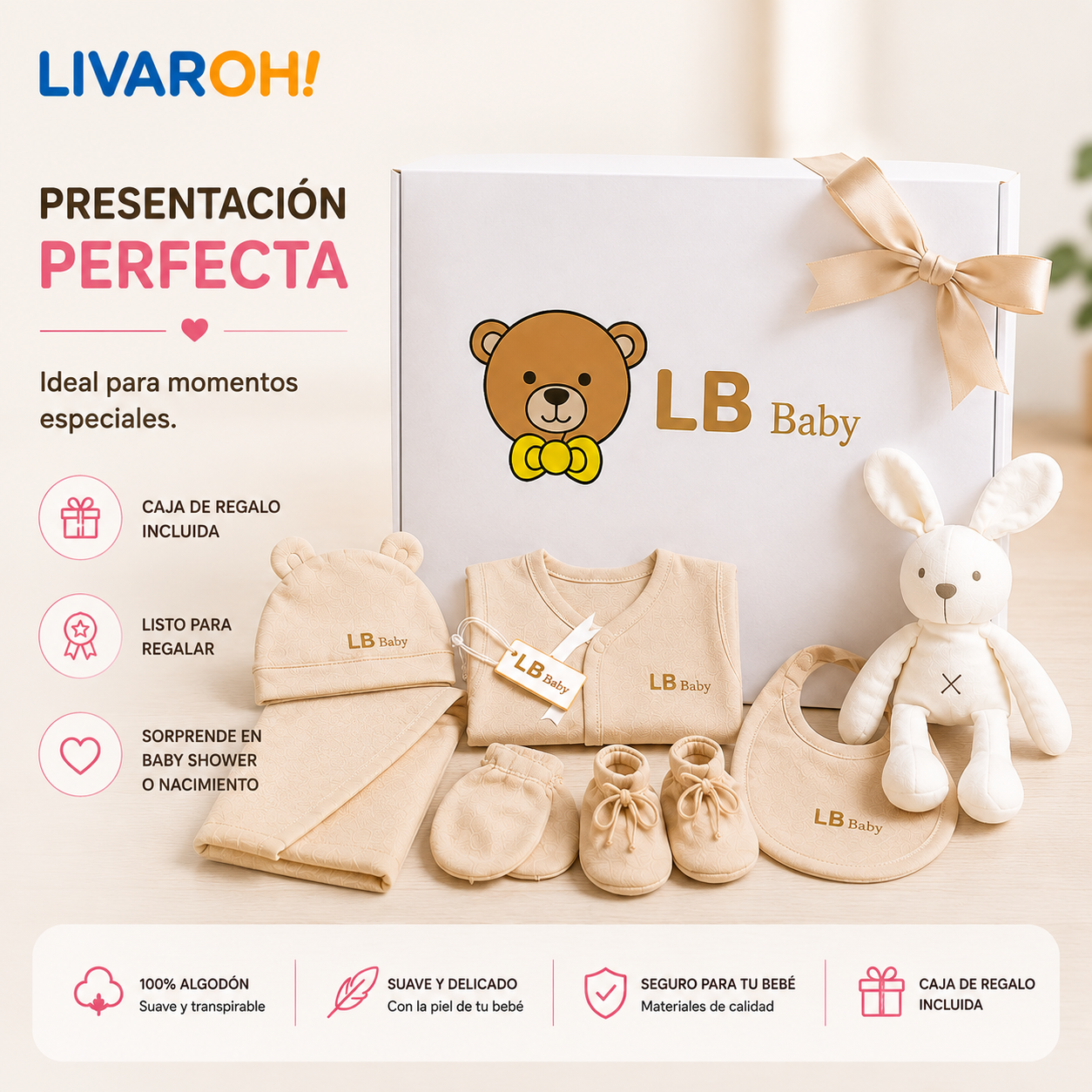 Set Bienvenida Bebé 8 Piezas + Peluche | 100% Algodón