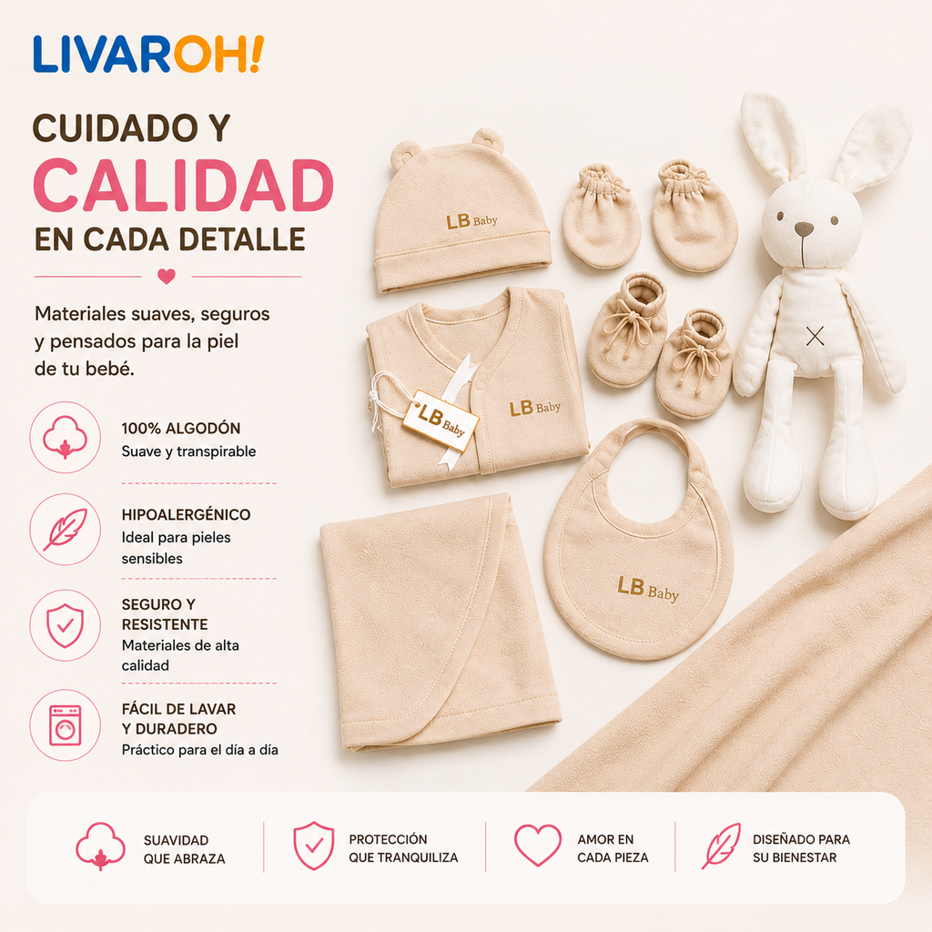 Set Bienvenida Bebé 8 Piezas + Peluche | 100% Algodón