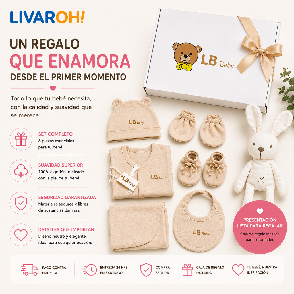 Set Bienvenida Bebé 8 Piezas + Peluche | 100% Algodón