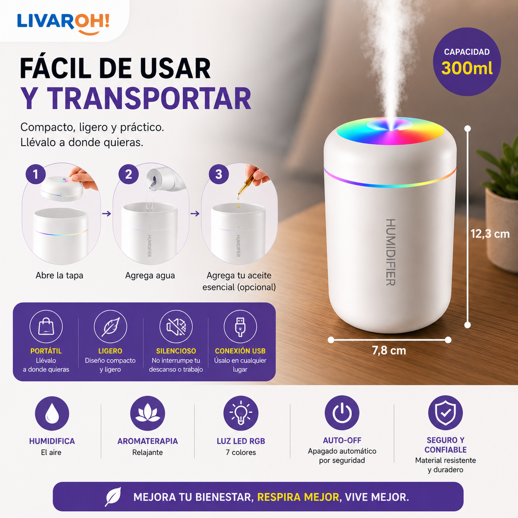 Difusor Aromático Humidificador USB Portátil Auto Luz LED Blanco